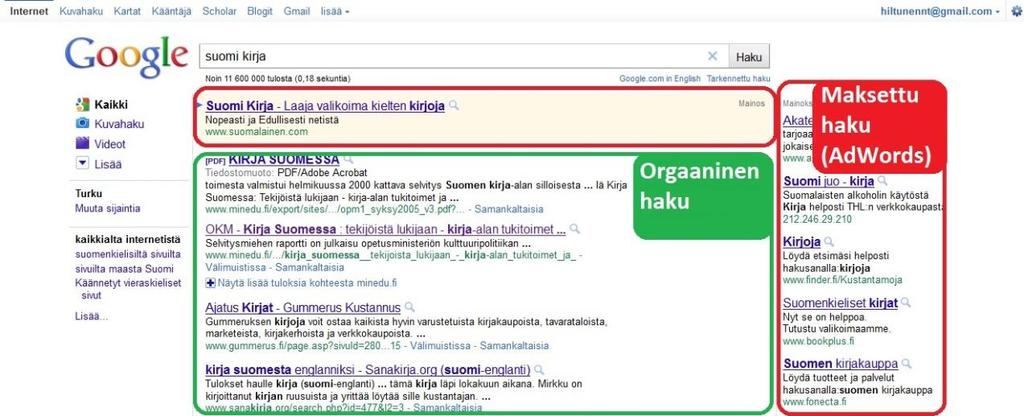 34 KUVIO 6. Esimerkki Google- hausta hakulausekkeella suomi kirja.