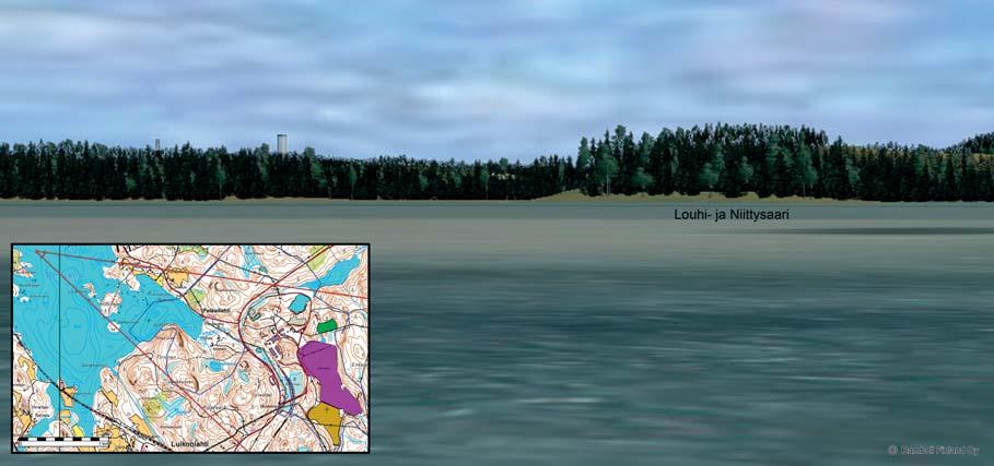Kuva 8-6 Hankealue kuvattuna Novapoint Virtual Map-mallina järven selän ylitse Retuselta nykytilanteessa.