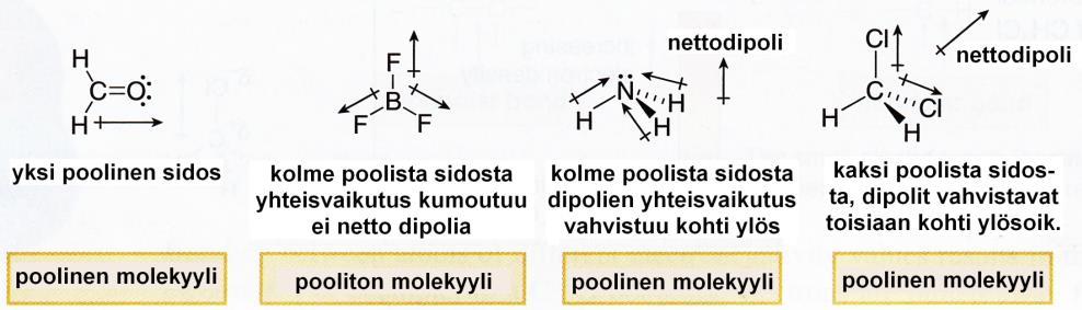 MOLEKYYLIN POOLISUUS Molekyylin poolisuuteen/poolittomuuteen vaikuttaa poolisten/ poolittomien sidosten lisäksi molekyylin