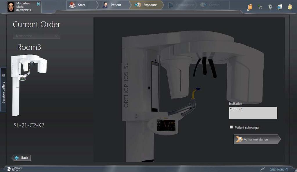 Sirona Dental Systems GmbH Käyttöohje ORTHOPHOS SL 2D / 3D 5 Käyttö 5.1 Röntgenkuvaus Näkyviin tulee kuvauksen valmisteluikkuna. 2. Anna kuvauksen indikaatio syöttökenttään "Indication".