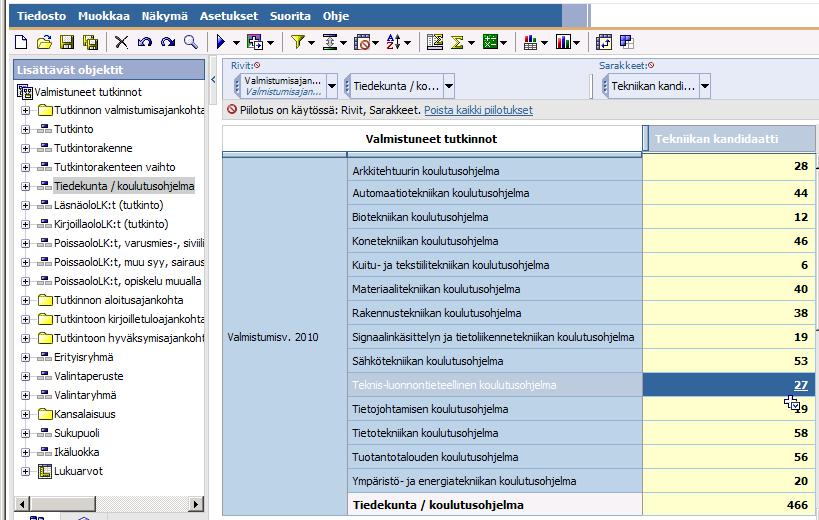 Voit tulostaa porautumisraportin eri muodoissa (mm. pdf, xls). Kuvake vain porautumisraportissa. Suodatin. Voit suodattaa (jättää tilaston ulkopuolelle) lukuja (esim.