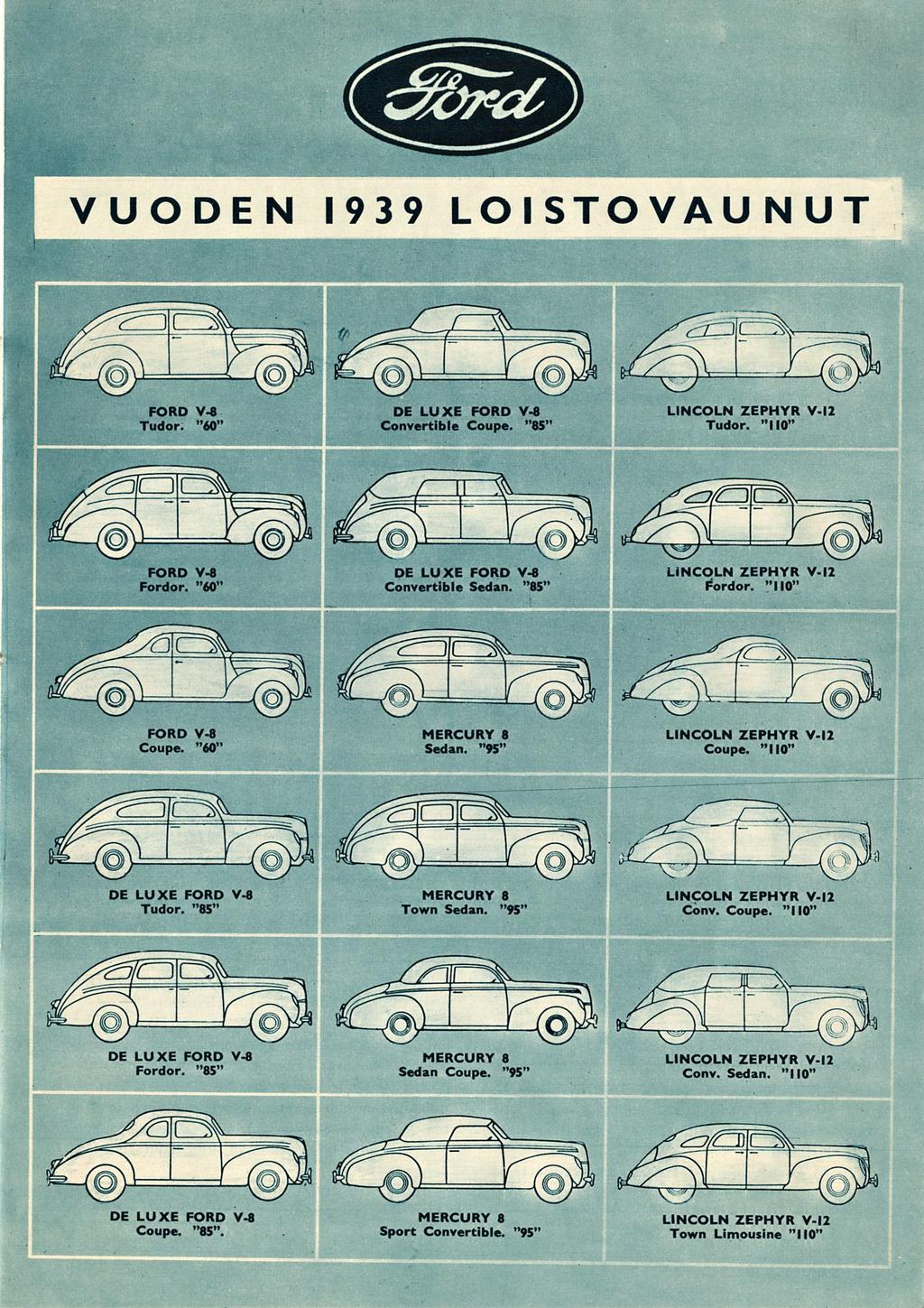 i VUODEN 1939 LOISTOVAUNUT FORD V-8 Tudor. "«0" DE LUKE FORD V-8 Convertible Coupe. "85" LINCOLN ZEPHYR V-12 Tudor. "110" FORD V-8 Fordor. "60" DE LUKE FORD V-8 Convertible Sedan.