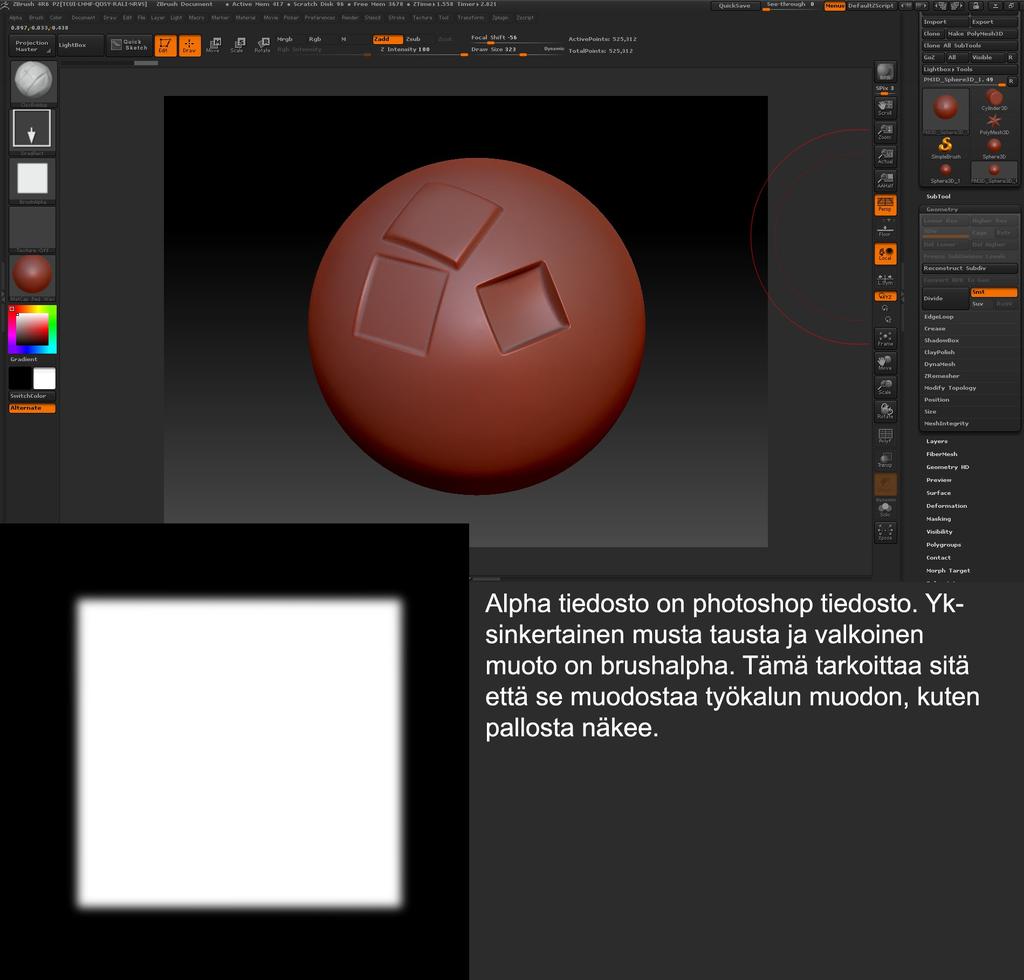 16 Zbrushissa aloitan mallin järjestelemisen. Jaan mallin niin sanottuihin subtooleihin, eli erillisiksi paloiksi, jotta mallintaminen olisi helpompaa.
