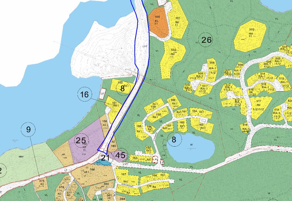 (Kuva 6) Asemakaavassa tiealue on osoitettu yleisen tien alueeksi (LYT).