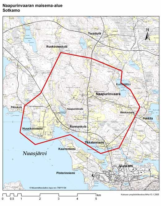Suunnittelualueen yleiskuvaus 3 Yleissuunnittelun alueeksi valittiin Naapurinvaaran valtakunnallisesti arvokas maisema-alue (Haapanen & Heikkilä 1992), joka sijaitsee Sotkamon kunnassa Vuokatin