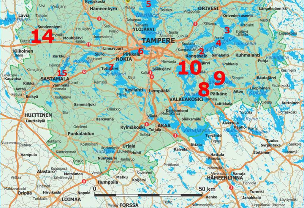 Mallasvesi R-M-P:n 9. Pälkänevesi R-M-P:n 10. Roine R-M-P:n 11. Kerteselkä (Kertejärvi) Ruoveden-Kuoreveden 12. Ruovesi Ruoveden-Kuoreveden 13.