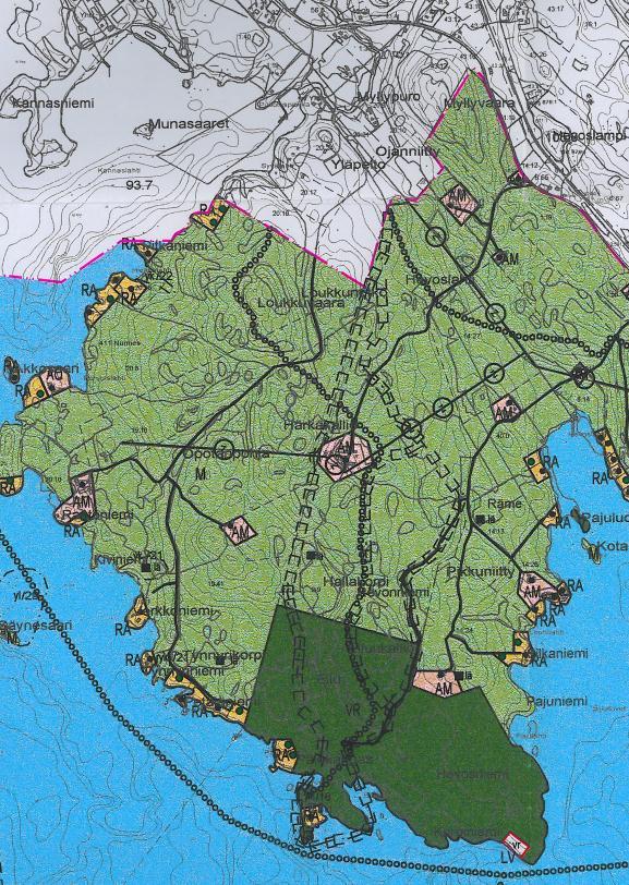 rantaosayleiskaava, jossa alueet ovat M (maatalous- ja