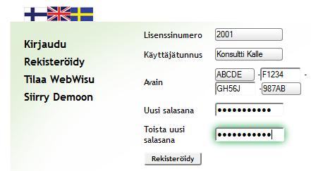 2.4 UUDEN SALASANAN TALLENTAMINEN Kun käyttäjätunnus, lisenssinumero ja avainkoodi on syötetty niille varattuihin ruutuihin, kirjoita keksimäsi salasana uudelle salasanalle varattuihin