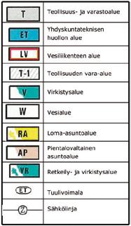 Suunnittelualueesta pohjoiseen ja etelään on merkitty teollisuusja varastoalueita (T).