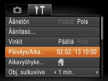 Viimeistele asetustoiminto. Vahvista valinta painamalla <m>painiketta. Asetusnäyttö ei tule enää näkyviin. Kun päiväys ja aika on määritetty, [Päiväys/Aika]-näyttöä ei enää näytetä.