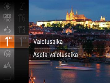 Pitkällä valotusajalla kuvaaminen (Pitkä valotus) Voit käyttää pitkää valotusta määrittämällä valotusajaksi sekuntia.