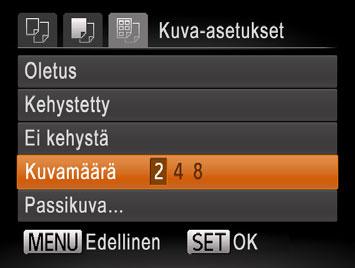 Käytettävissä olevat asetteluasetukset Oletus Kehystetty Ei kehystä Kuvamäärä Passikuva Vakiokoko Vastaa nykyisiä tulostimen asetuksia. Tulostaa kuvan ympärille tyhjää tilaa.