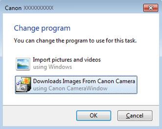 Liitä kamera tietokoneeseen noudattamalla kohdan Ohjelmiston asentaminen (= ) vaiheen ohjeita. Käynnistä kamera. CameraWindow käynnistyy.