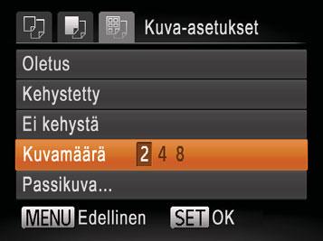 Kun valitset [Kuvamäärä]-asetuksen, määritä arkkikohtainen kuvamäärä painamalla <q><r>-painikkeita. Paina <m>-painiketta. Tulosta kuva.