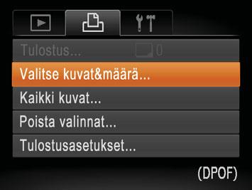 Yksittäisten kuvien tulostuksen määrittäminen Valitse [Valitse kuvat&määrä]. Paina <n>-painiketta, valitse []-välilehdestä [Valitse kuvat&määrä] ja paina sitten <m>-painiketta. Valitse kuva.