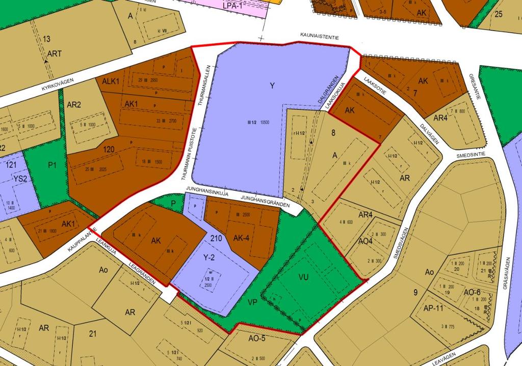 OAS Kaupungintalon alue, Ak 221 1.11.2017 4(7) kerrokseen (III) 2500 k-m 2. Junghansinkuja 4 ja 6 tontit (12 ja 13) on osoitettu liiketalojen ja asuinrakennusten korttelialueeksi (A).