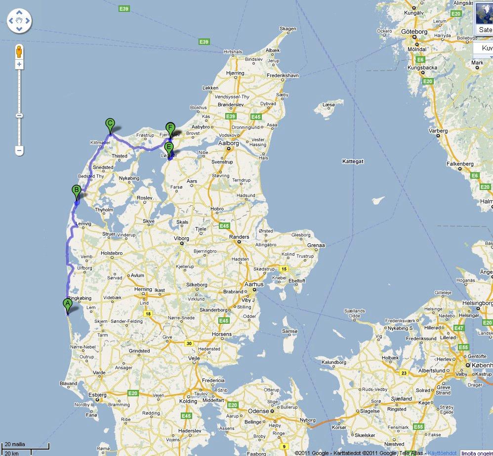 26.7.2011 Hostellista lähdettyä voimme käydä uudelleen katsomassa Lyngvigin majakkaa täydessä päivänvalossa. Paikan A ja B välillä on Bovbjergin majakka. Paikassa B on lauttayhteys.