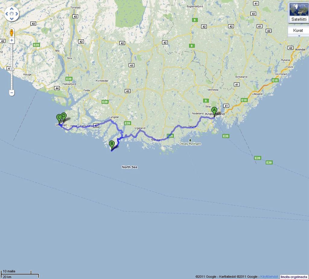 28.7.2011 Aamulla luovutetaan autot Tanskan Aalborgissa (kartta edellisellä sivulla, paikka F) ja ajetaan bussilla Hirsthalsiin (paikka C edellisellä sivulla), laivalla Norja Kristiansandiin (paikka
