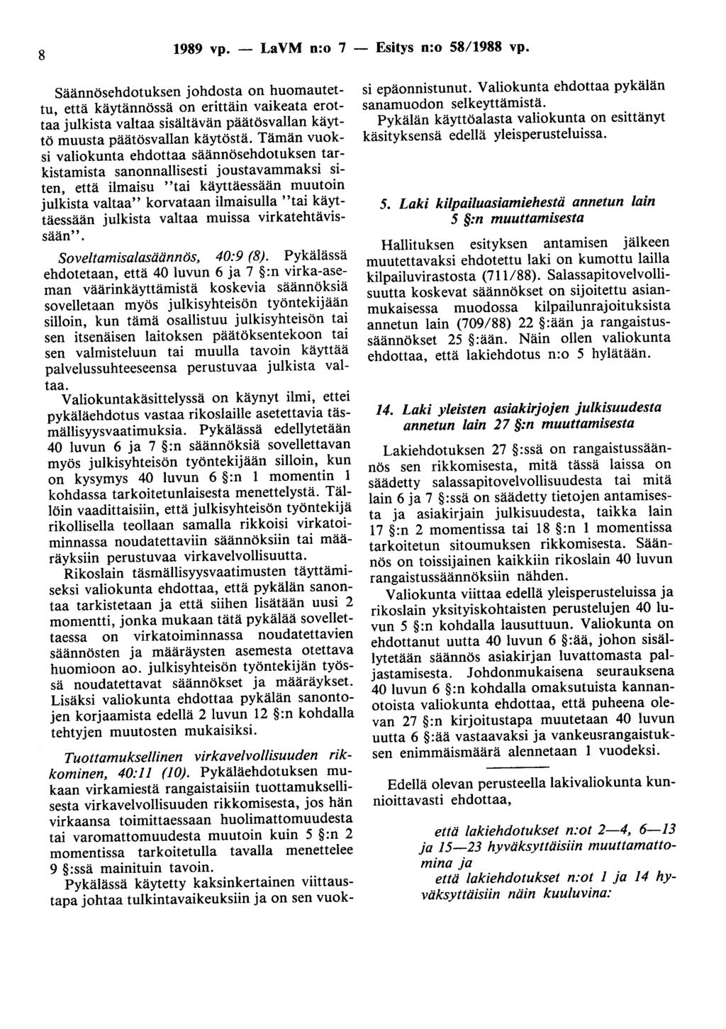 8 1989 vp. - LaVM n:o 7 - Esitys n:o 58/1988 vp.