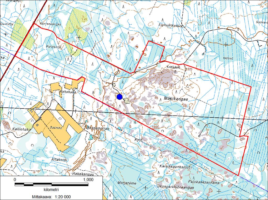 Kuva 2. Pyhäjoen Mäkikankaan suunnitellun tuulipuiston rajaus (punainen viiva) ja syysmuuton tarkkailupisteen sijainti (sininen ympyrä).