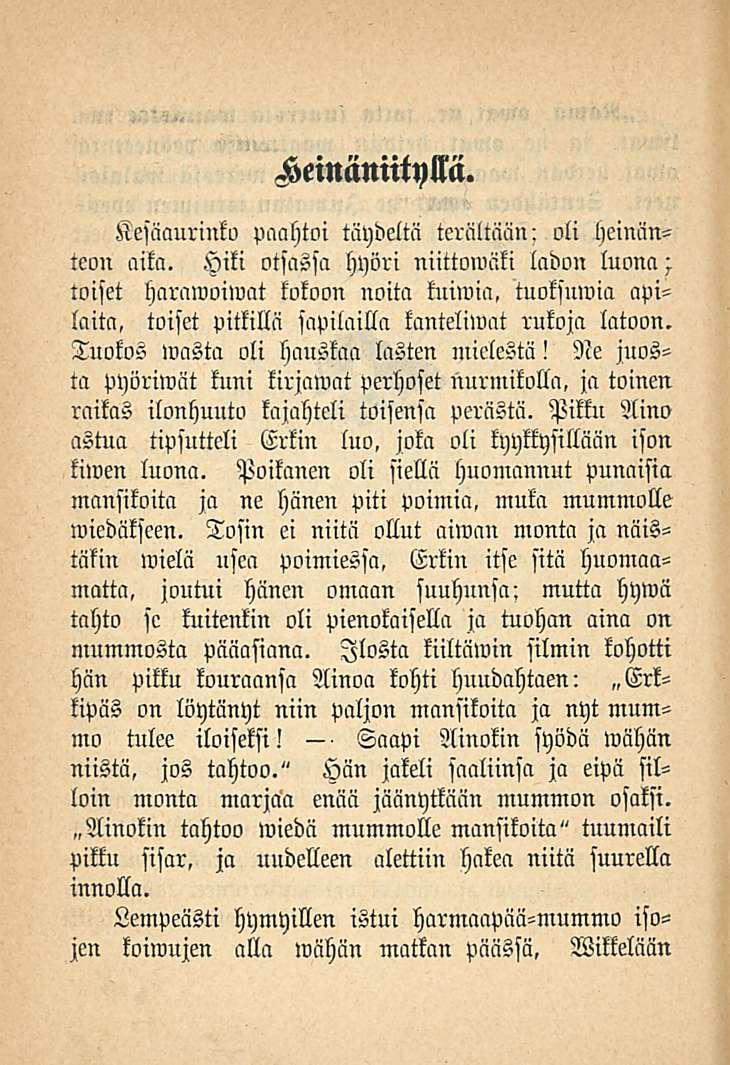 Heinäniityllä. Kesäauriuku paahtoi täydeltä terältään: oli heinänteon aita.