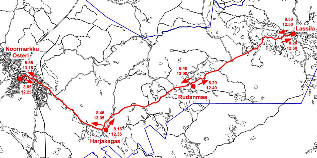 Asiointiliikenne koululomien aikana välillä Noormarkku Lassila - Noormarkku Ajopäivät: maanantai ja torstai Aikataulu: Noormarkku (Osteri) 8:05 12.