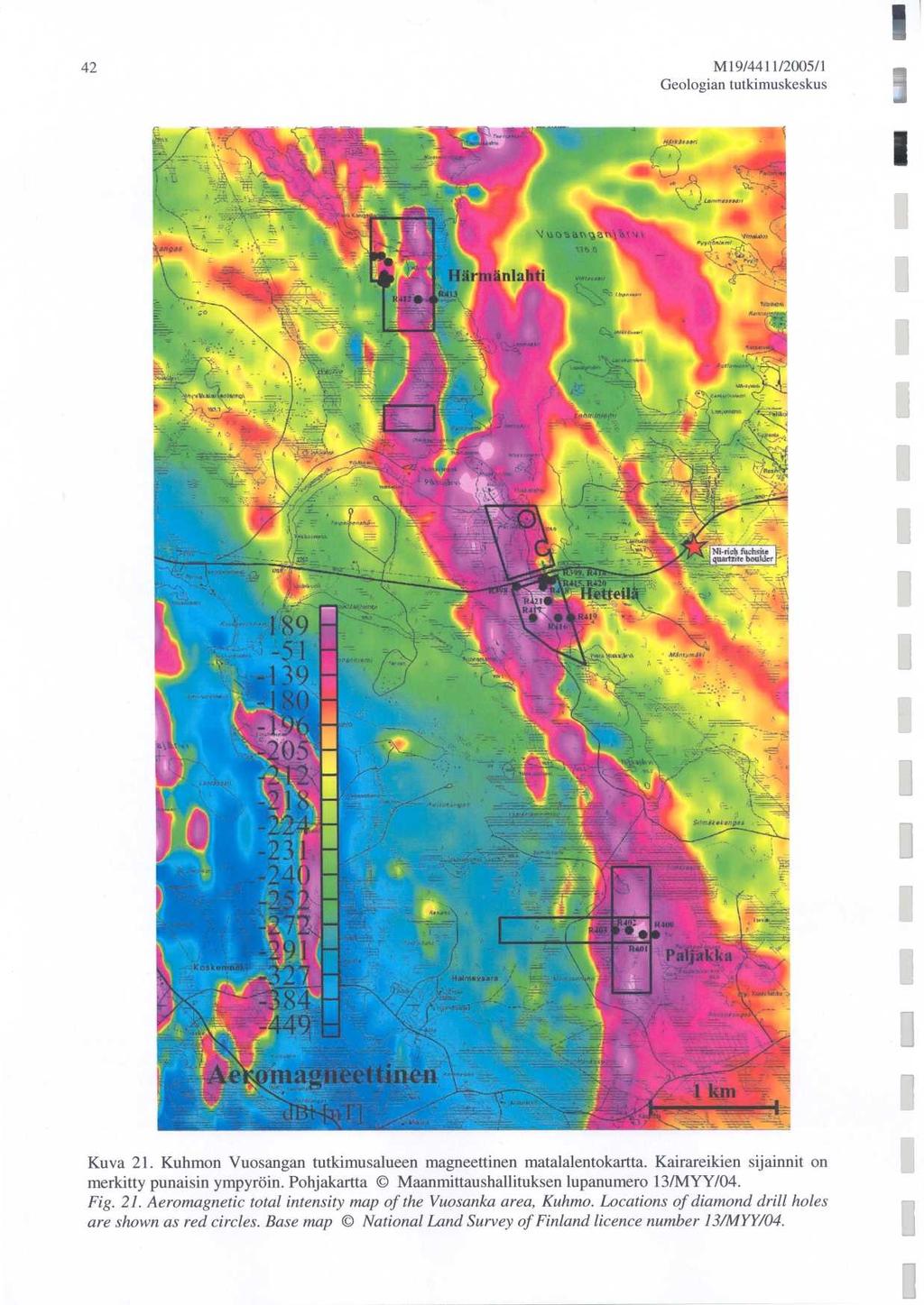 42 M19/4411/2005/ 1 Kuva 21. Kuhmon Vuosangan tutkimusalueen magneettinen matalalentokartta. Kairareikien sijainnit o n merkitty punaisin ympyröin.