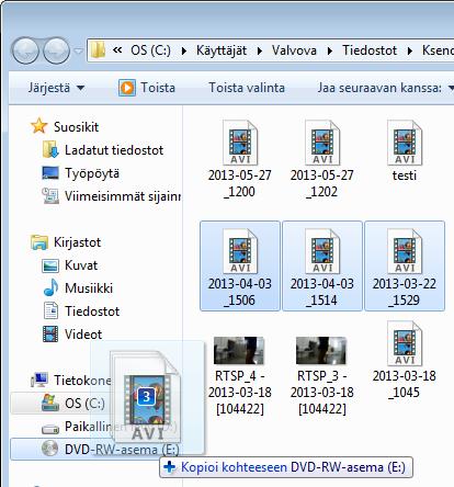 KUVAKAAPPAUKSIEN JA VIDEOLEIKKEIDEN CD-LEVYLLE TAI USB-MUISTITIKULLE Windows-käyttöjärjestelmä VIENTI Windows-käyttöjärjestelmä Avaa Galleria-kansio Tallennin-valikosta, kun käytät
