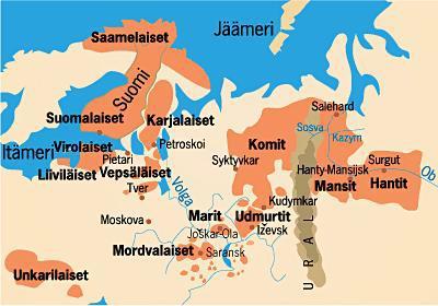 Kielikartta suomalais-ugrilaisista kansoista (Kalevi Wiik, 2011). Suomessa on lisäksi N-haploryhmän heimoja, joita ovat idästä päin tulleet karjalaiset ja savolaiset.