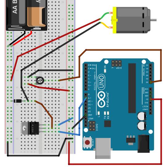 Tehtävät: 1. Miksi potentiometriltä luettu arvo jaetaan neljällä? 2. Transistoria ohjataan PWM-signaalilla. Mitä tämä tarkoittaa? Arduinon pinnin antama maksimi sähkövirta on noin 40 ma.