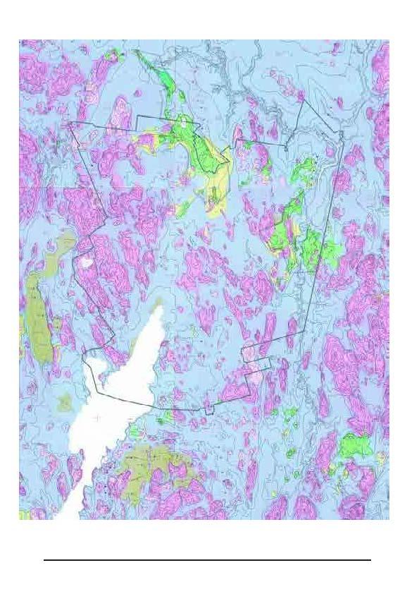 Järvenpään alueen maaperäkartta. Siniset alueet ovat savea, vaaleanpunertavat moreenia ja tummemmanpunertavat kalliomaata.