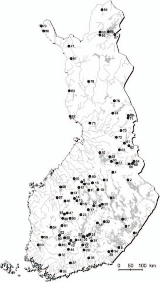 LIITE 1/1 Liite 1. Kartta ja taulukko tässä työssä käsitellyistä havaintopaikoista, ajoista ja niiden erityispiirteistä. Appendix 1.