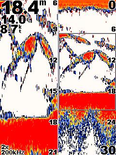 Lämpötila Nopeus Syvyys Jaettu zoomausnäyttö Jaetussa zoomausnäytössä voit tarkastella koko diagrammin luotaintietoja ja sen