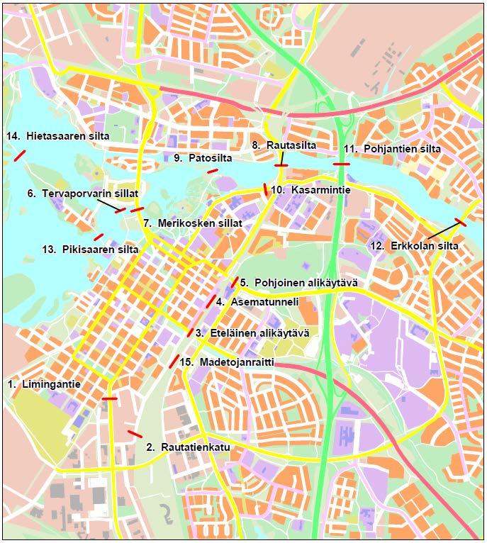 13 Syksyn 2013 laskentatietojen perusteella Oulussa pääkatujen ja -väylien muodostaman keskustan kehän ylittää vuorokauden aikana noin 35 000 pyöräilijää, 12 000 jalankulkijaa ja 1 500 mopoilijaa