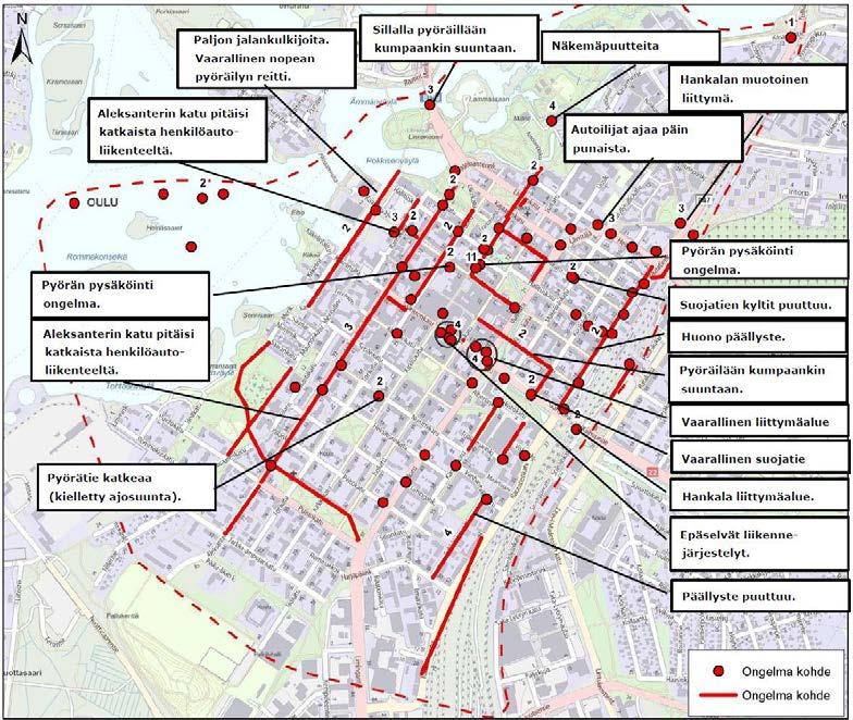 19 Kävelyn ja pyöräilyn puutteet ja ongelmat painottuivat keskustan pohjoisosiin. Pyöräily koettiin haastavaksi sekavan merkitsemistavan vuoksi.