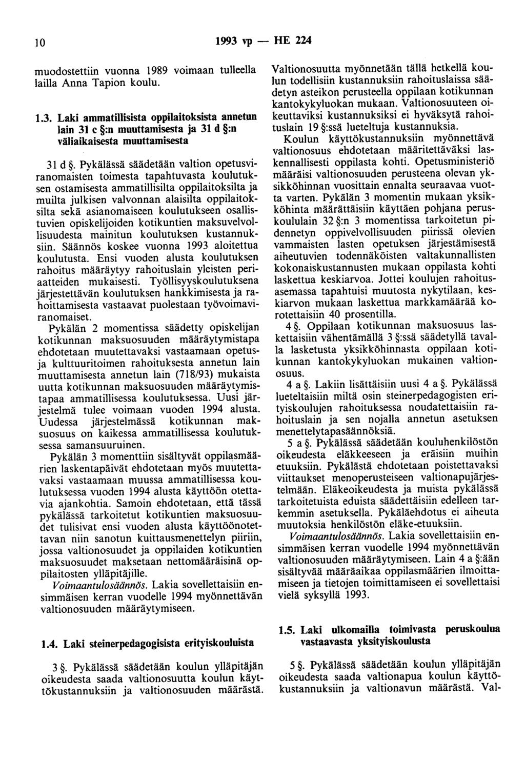 10 1993 vp - HE 224 muodostettiin vuonna 1989 voimaan tulleella lailla Anna Tapion koulu. 1.3. Laki ammatillisista oppilaitoksista annetun lain 31 c :n muuttamisesta ja 31 d :n väliaikaisesta muuttamisesta 31 d.