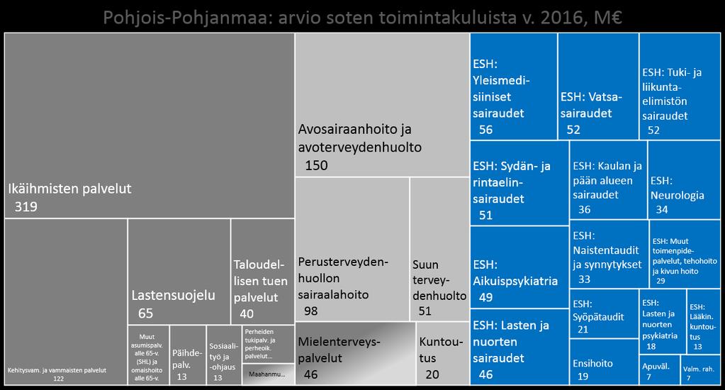 Päivitetty 17.11.2017 Sosiaalipalvelut 606 M Terveyspalvelut 365 M Erikoissairaanhoito 524 M Maakuntatason tiedot ovat suuntaa antavia ja ne tarkentuvat valmistelutyön edetessä.