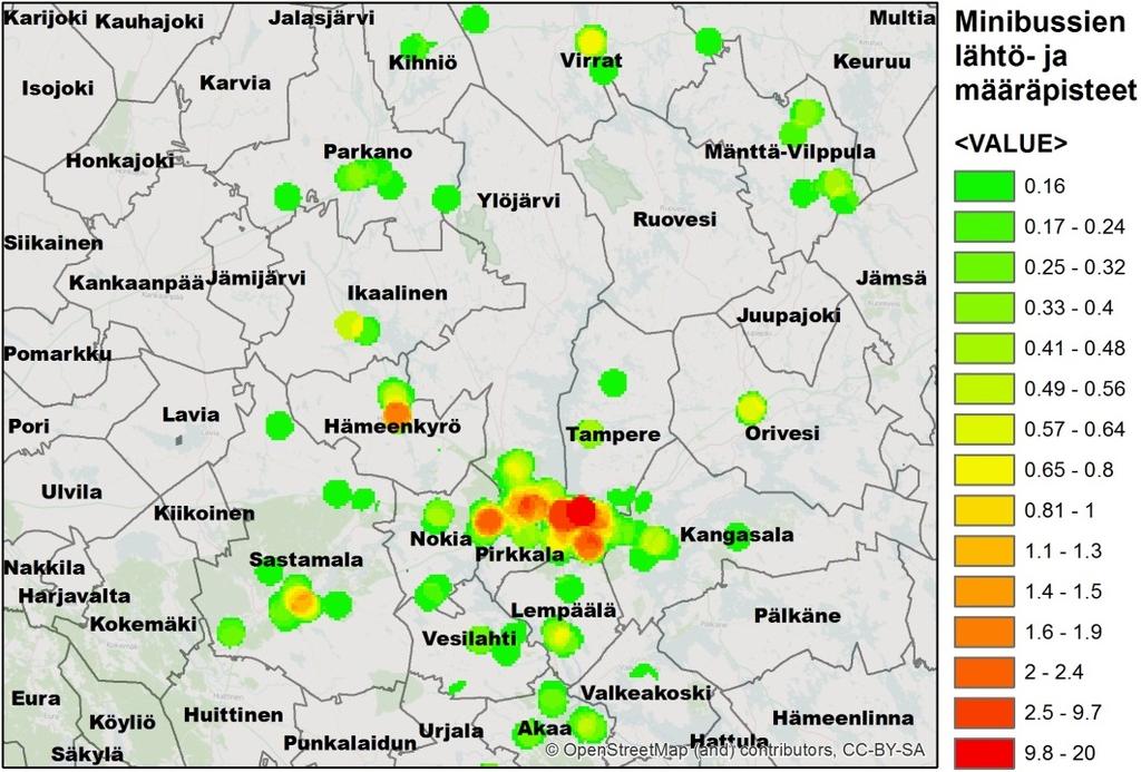 Kuva 15. Minibussikuljetusten keskittyminen Pirkanmaan alueella. Punaiset alueet kertovat tiheästä keskittymästä, keltainen melko tiheästä ja vihreät alueet pienemmistä keskittymistä. 7.1.3.