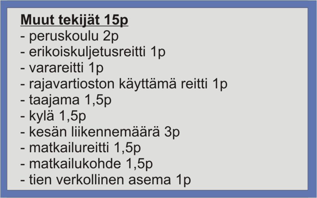 /vrk, sai tieosa 1,5 pistettä ja mikäli liikennemäärien suhde (KKVL/KVL) oli yli 1,5, sai tieosa toiset 1,5 pistettä.