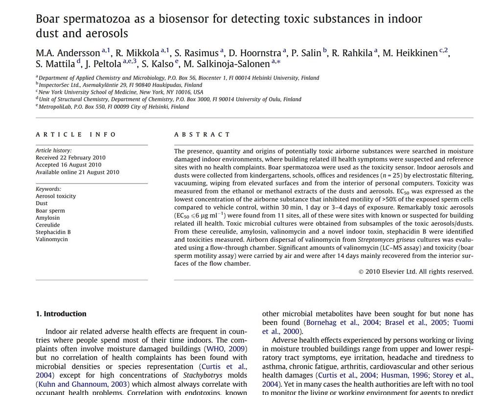 ympäristössä siittiö lopettaa uimisen Julkaistu: Toxicology in Vitro (2010) Vol 24, 2041-2052