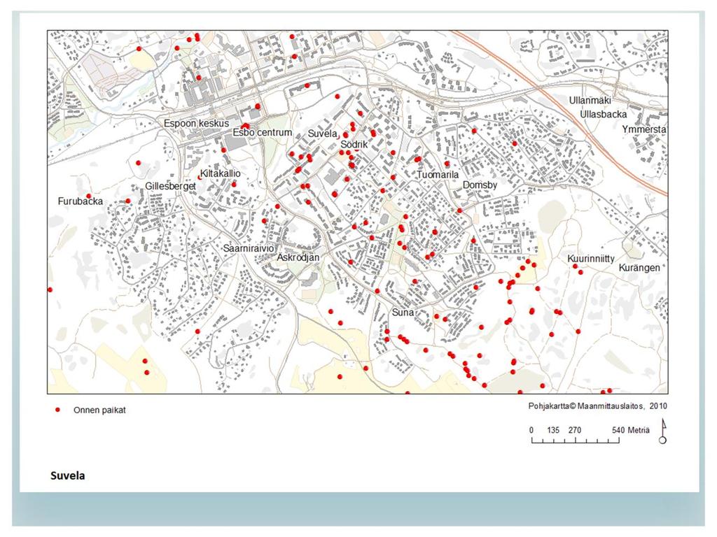 Suvelalaisten paikantamat onnen paikat Suvelalaisten paikantamat onnen paikat näkyvät oheisessa kartassa punaisella.