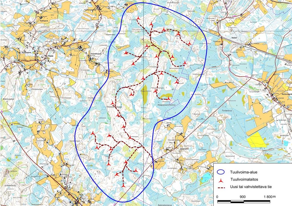FCG SUUNNITTELU JA TEKNIIKKA OY YVA selostus 44 (361) tuulivoimapuiston sähköasemalta rakennetaan 110kV voimajohtoa uuteen johtokatuun noin 6 km, tämä osuus tulee palvelemaan ainoastaan
