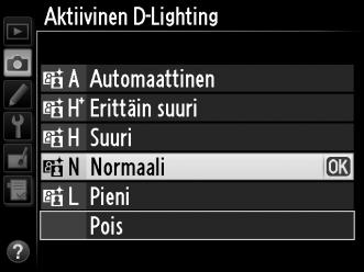 Aktiivisen D-Lightingin käyttö: 1 Valitse kuvausvalikosta Aktiivinen D-Lighting. Valikot saa näkyviin painamalla G- painiketta. Korosta kuvausvalikosta Aktiivinen D-Lighting ja paina 2.
