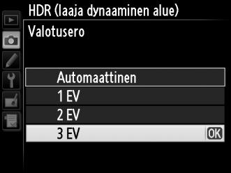 2 Valitse tila. Korosta HDR-tila ja paina 2. Korosta yksi seuraavista ja paina J. Jos haluat ottaa sarjan HDR-kuvia, valitse 6 Päällä (sarja).