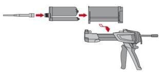 + HIT-V Injektoinnin valmistelu Kiinnitä uusi Hilti sekoituskärki HIT-RE-M pakkaukseen (tiukka kiristys). Älä muuta sekoituskärkeä. Noudata annostelijan käyttöohjeita. Tarkista kasetin toimivuus.