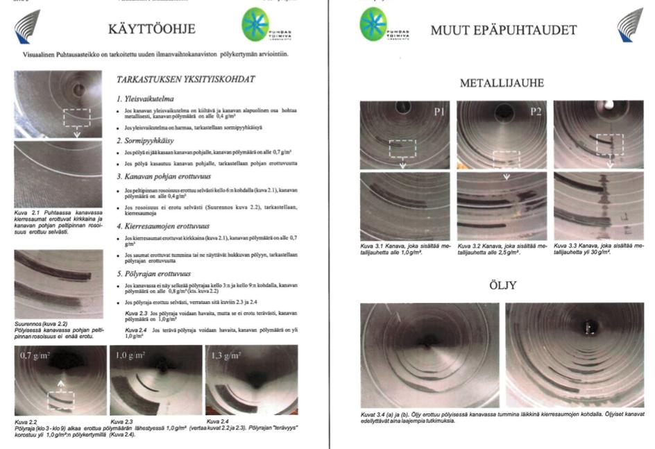 Kuva 8. Visuaalisen puhtausasteikon käyttöohje sekä metallijauheen ja öljyn kerääntymät kanavassa.