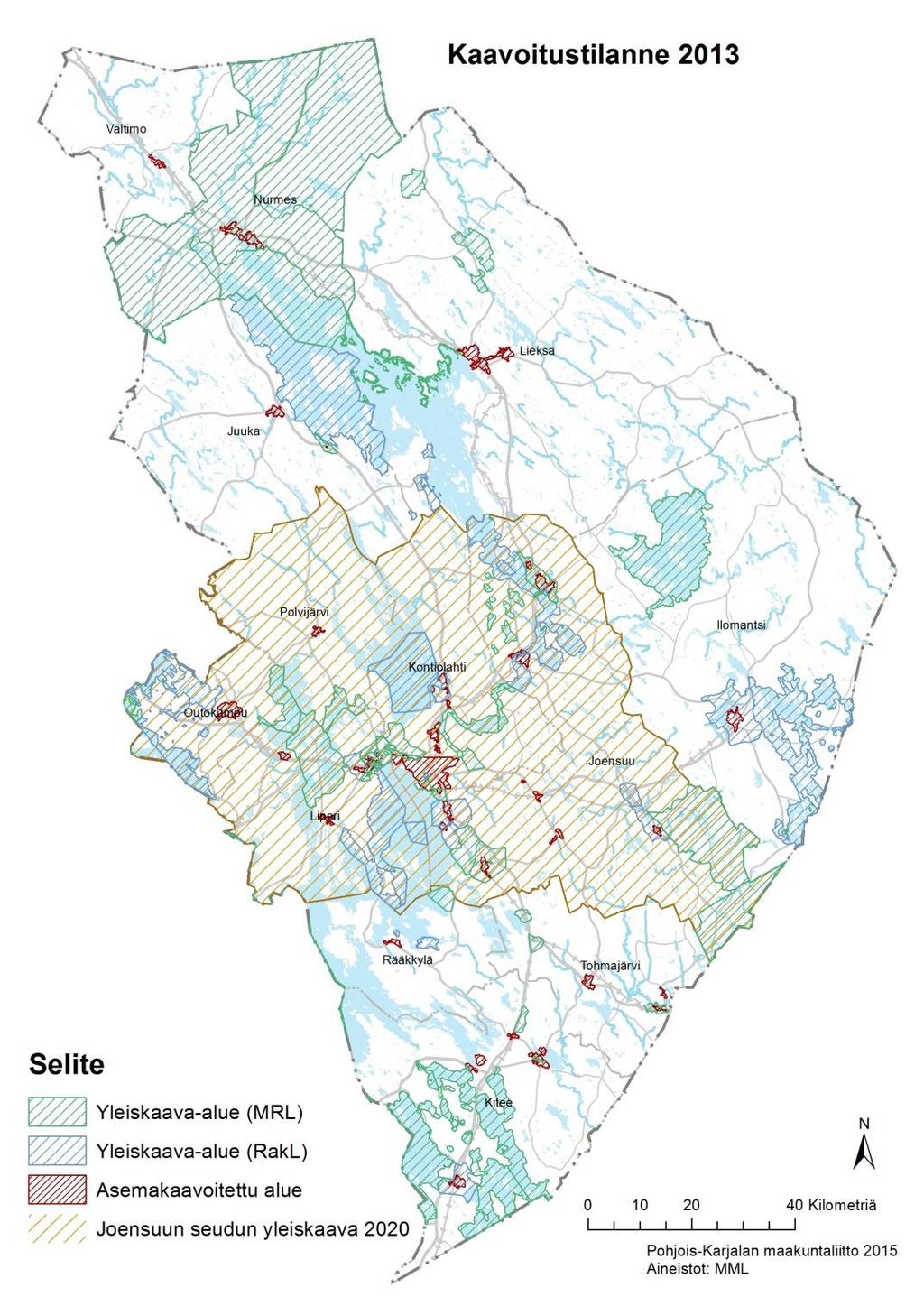 Kuntakaavoituksen osalta Pohjois-Karjalassa asemakaavoitettuja alueita ovat nykyiset ja entiset kuntakeskukset sekä muutama muu taajama (Viinijärvi, Ylämylly, Lehmo, Heinävaara, Uimaharju, Puhos,