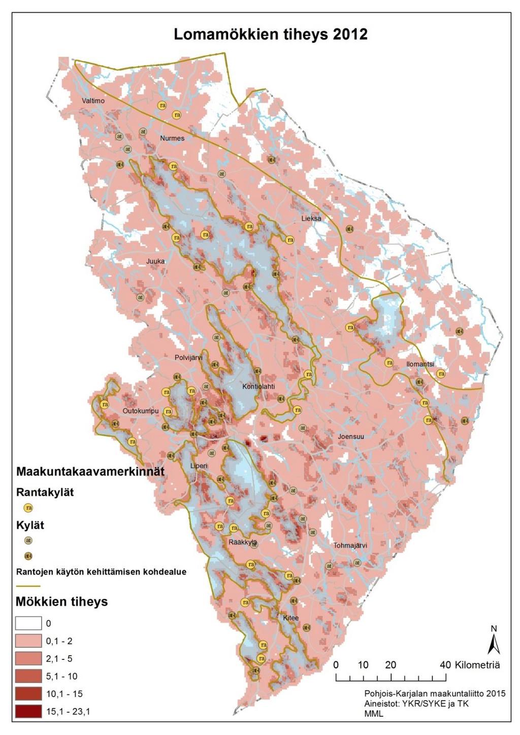 -järven rannat (kuva 16). Maakuntakaavan rantojen käyttöön ja rakentamiseen liittyviä merkintöjä löytyy eniten juuri Joensuun luoteenpuoleisilta alueita sekä suurten vesistöjen ääreltä.
