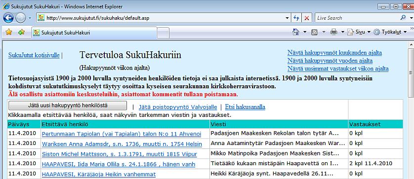 Sukututkimuslinkkejä Sukututkijalle hyödyllisiä linkkejä on kerätty osoitteeseen: www.sukujutut.fi/linkkeja.htm Täältä löytyy osoite seurakuntien historiankirjojen eli Hiski -tietokannan selailuun.