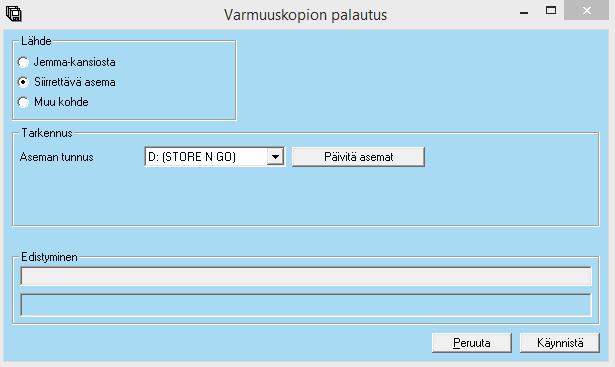 Tämän jälkeen palautetaan varmuuskopio valitsemalla Käynnistä. Muu kohde valinnalla voidaan varmuskopio palauttaa mistä tahansa kansiosta.